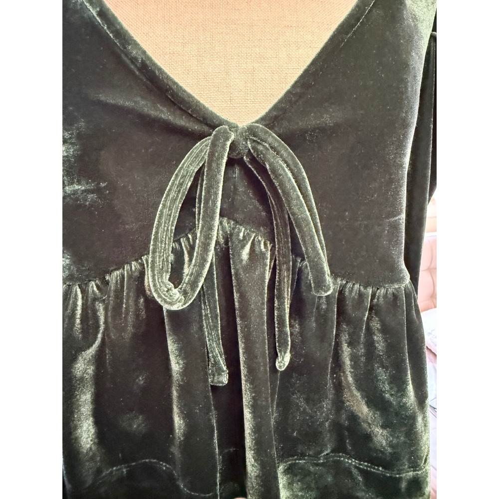 Maeve Anthropologie Green Velvet Puff Sleeve Tie Front Peplum Top Small - Picture 2 of 4